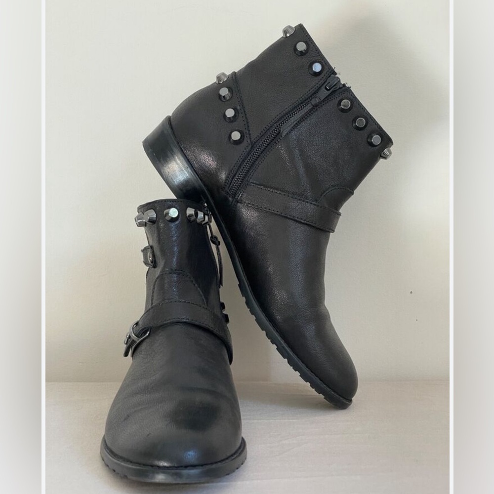 Stuart Weitzman Nappa Leather Silver Studded Moto Boots